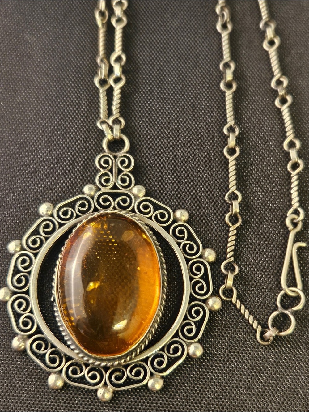 Vintage Baltic Amber Sterling Silver Pendant W Bar Link Chain